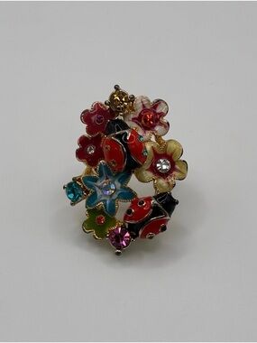 Gold-Tone Enamel Ladybug & Floral Statement Ring Size 7